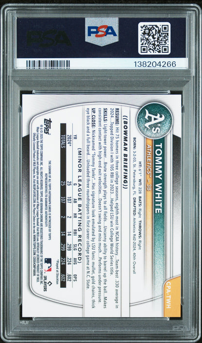 2025 Bowman Chrome Prospect Autographs Tommy White Speckle Ref 289/299 PSA 10