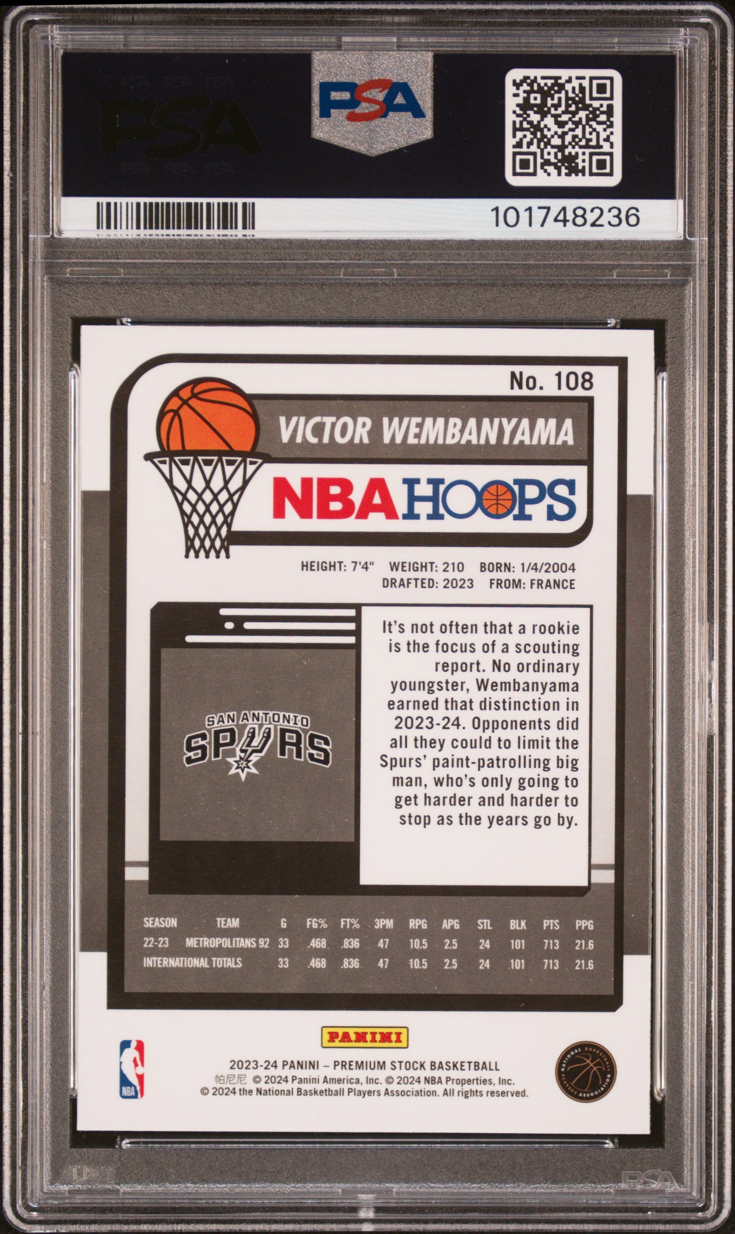 2023 Panini Hoops Premium Stock Victor Wembanyama #108 PSA 10