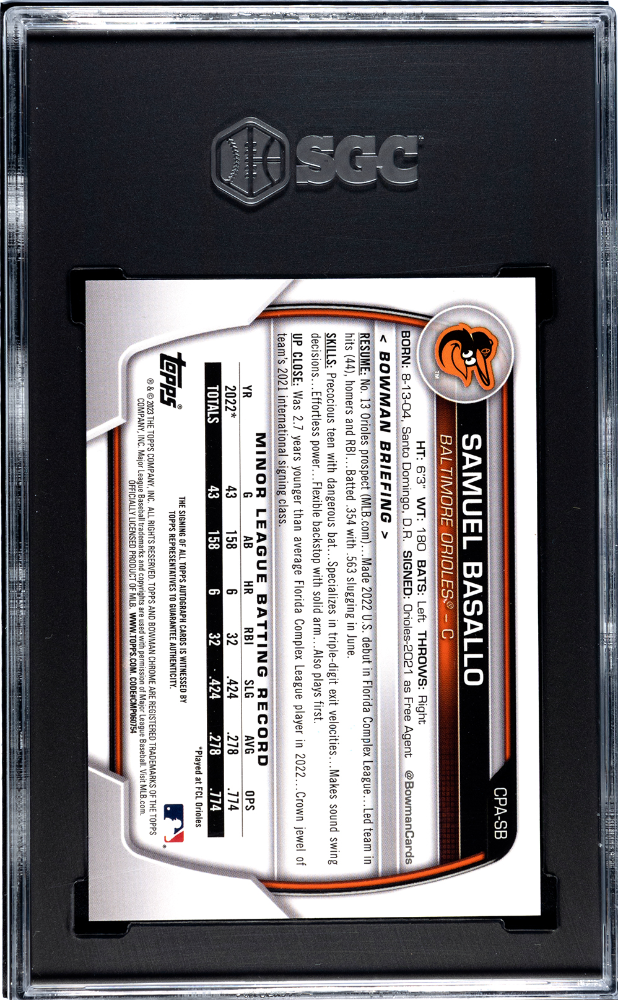 2023 Bowman Chrome Samuel Basallo 1st Bowman Yellow Refractor Auto /75 SGC 10/10