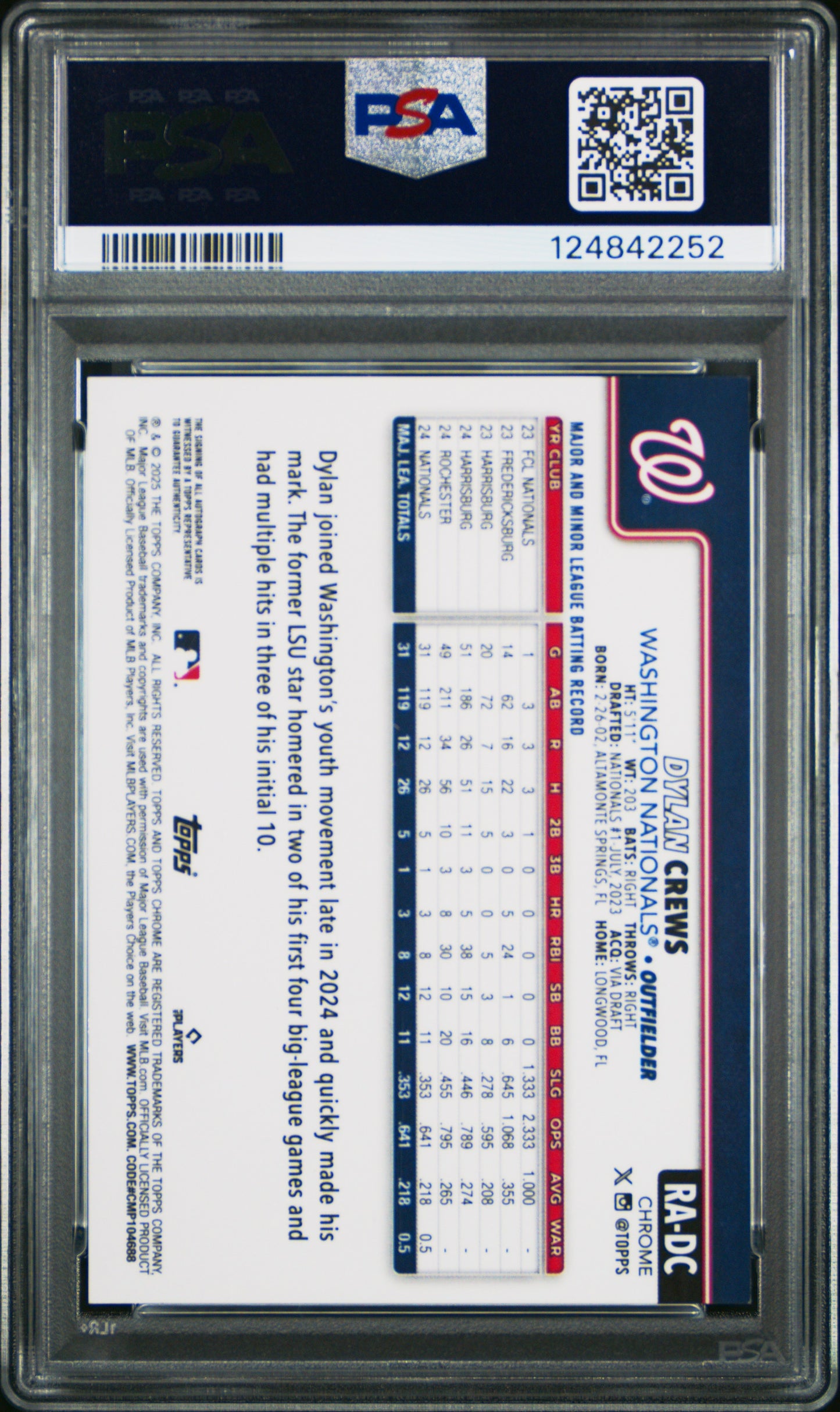 2025 Topps Chrome Rookie Autographs Dylan Crews Purple Ref 240/250 PSA 9