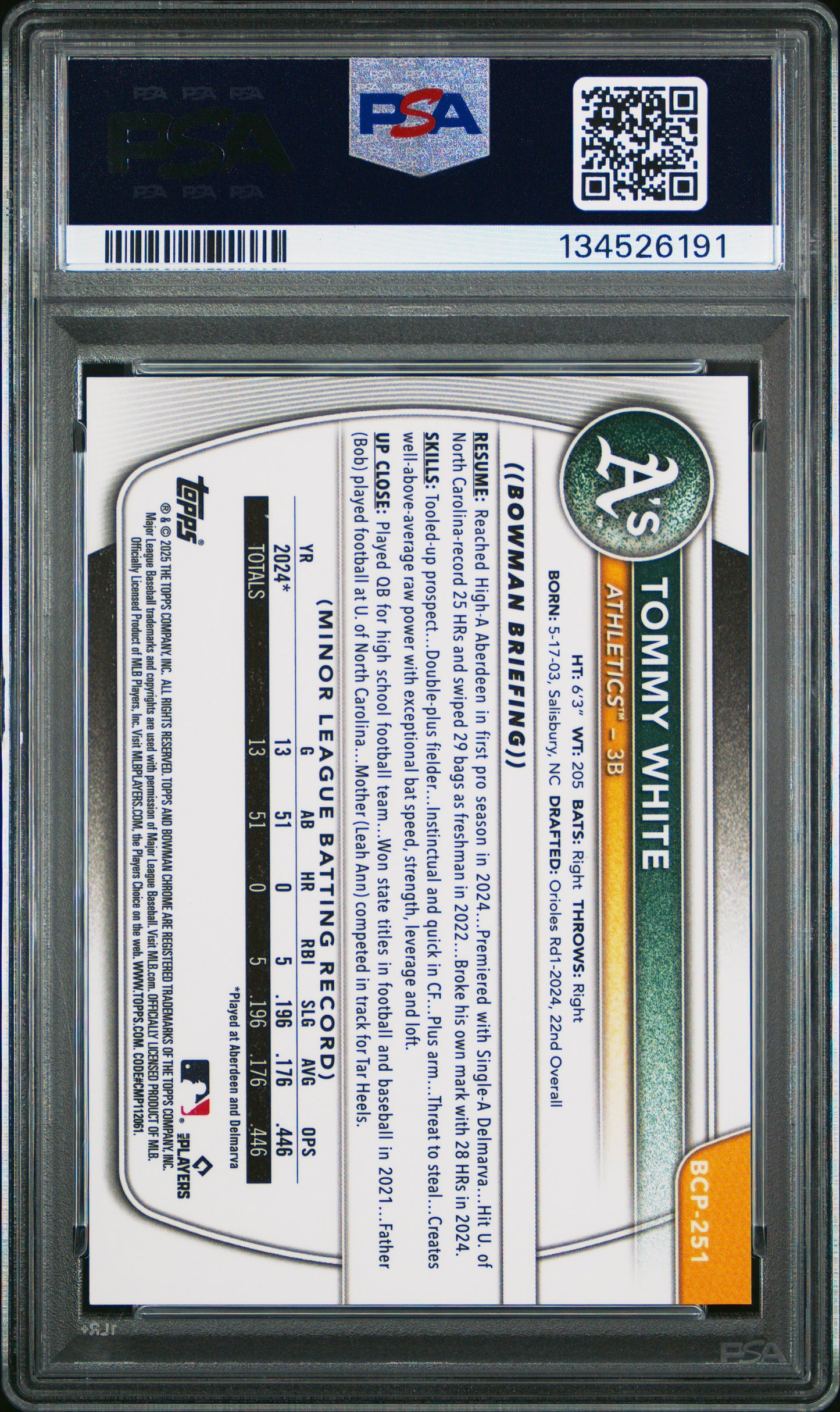 2025 Bowman Chrome Prospects Tommy White Gold Shimmer 29/50 PSA 9