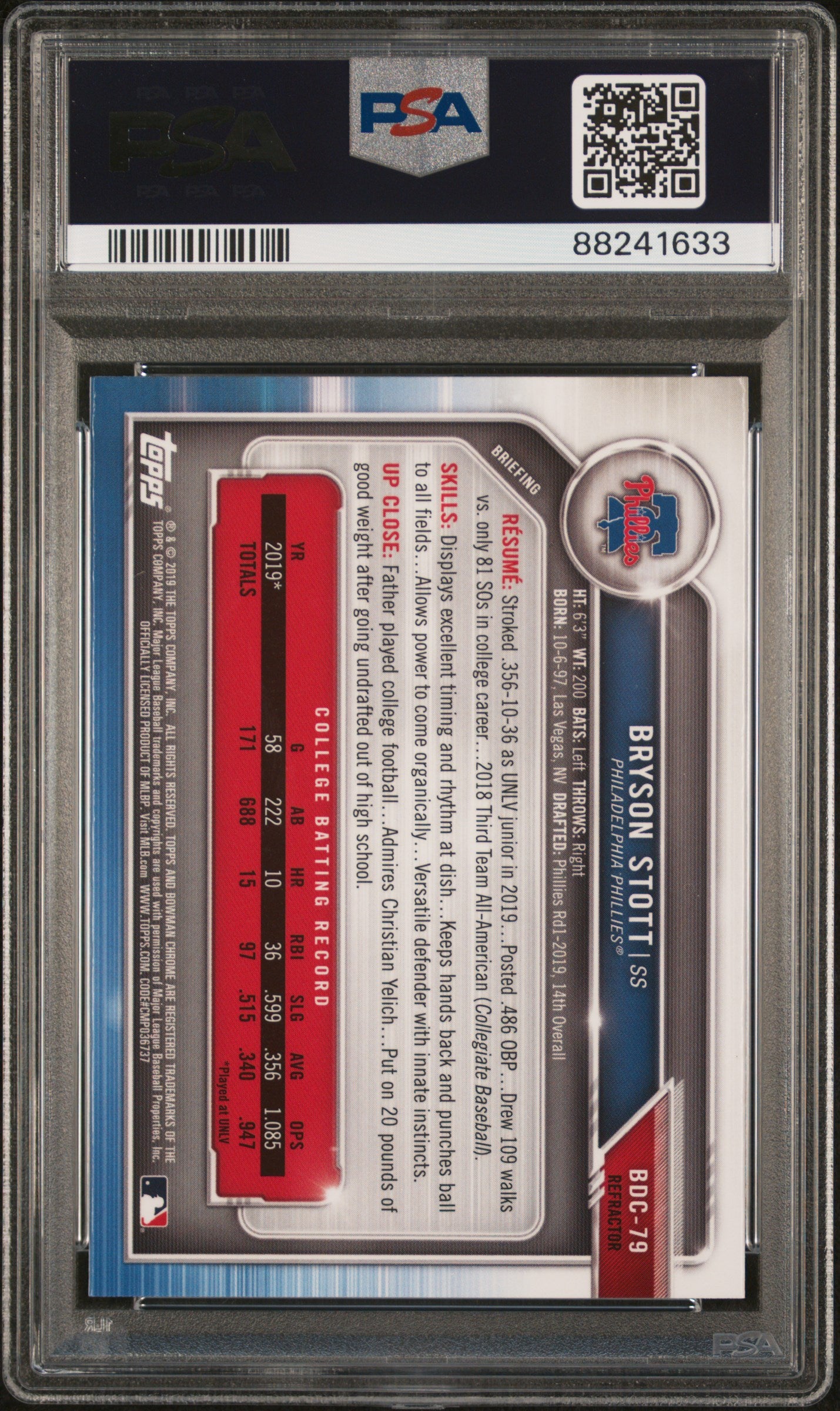 2019 Bowman Draft Bryson Stott Chrome Refractor PSA 10