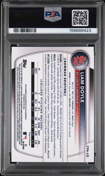 2025 Bowman Draft Chrome Prospect Autographs Liam Doyle BLK X Fractor /10 PSA 9