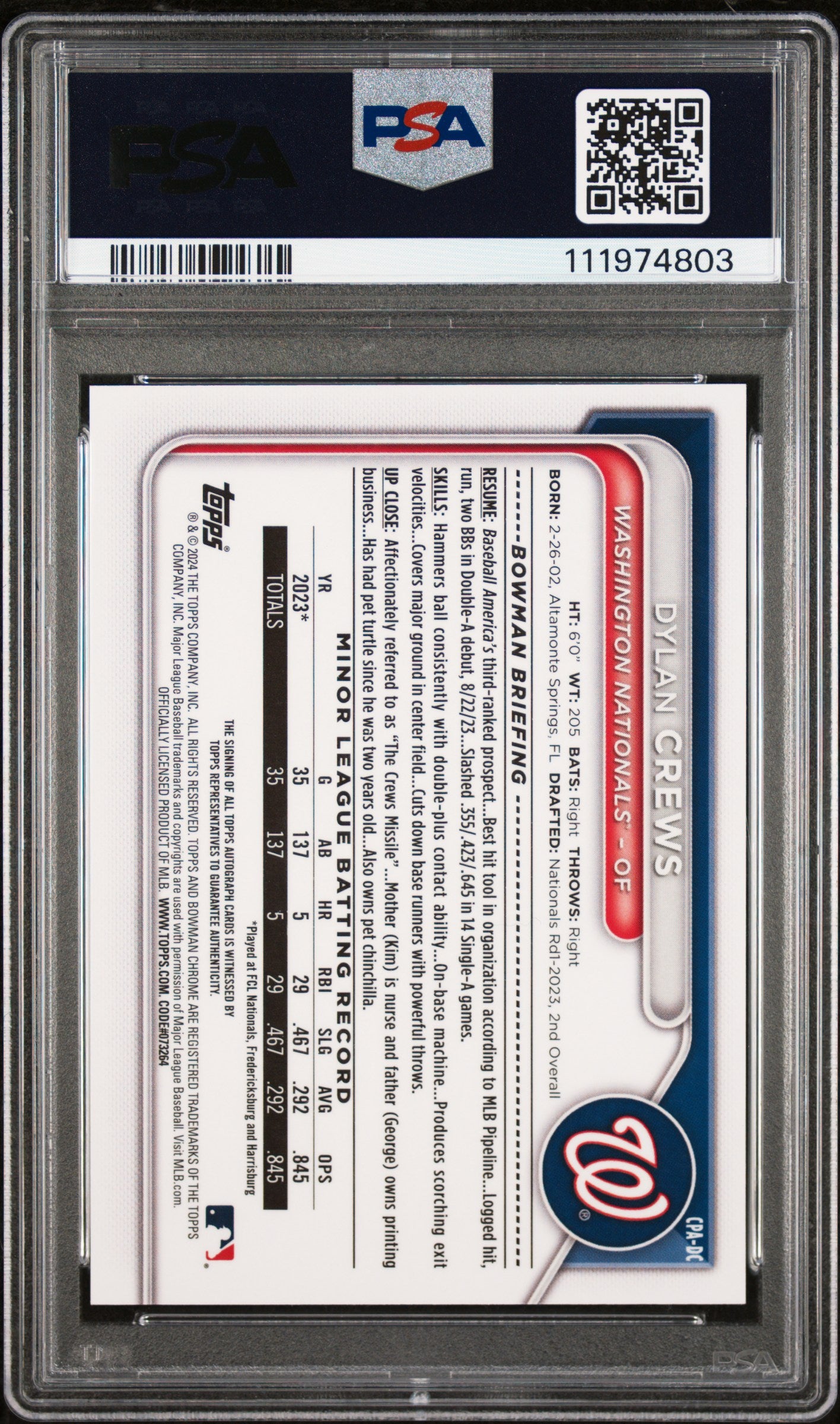 2024 Bowman Chrome Prospect Autographs Dylan Crews PSA 9