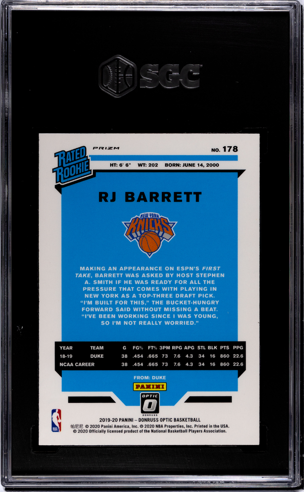 2019 Donruss Optic RJ Barrett Purple Prizm SGC 9