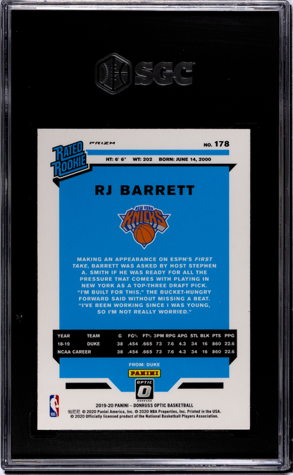 2019 Donruss Optic RJ Barrett Purple Prizm SGC 9