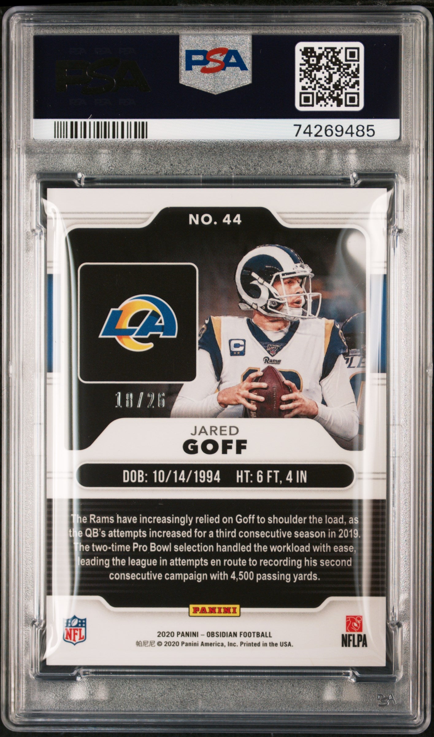 2020 Panini Obsidian Jared Goff #44 Electric Etch Red Flood PSA 9