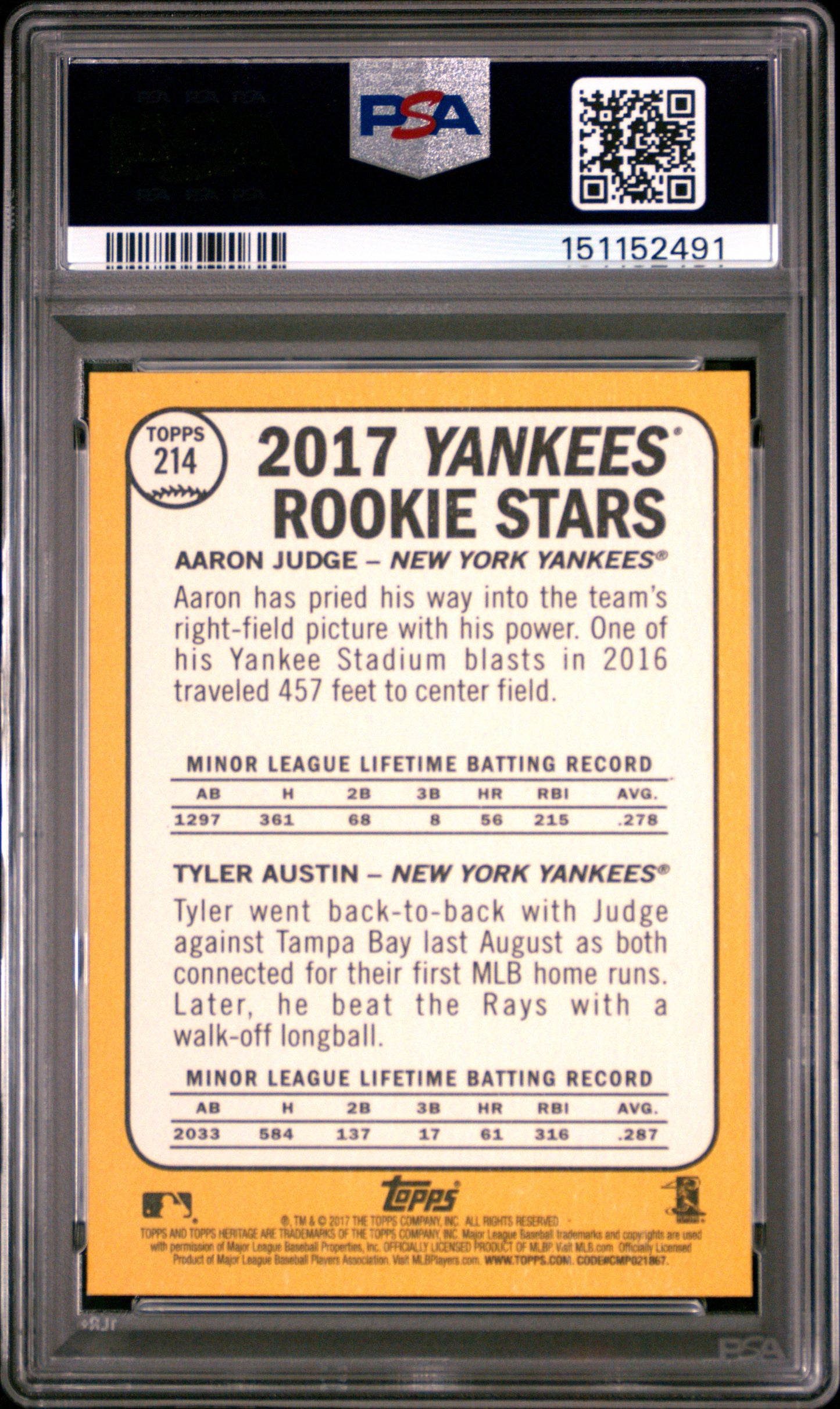 2017 Topps Heritage A. Judge T. Austin PSA 10
