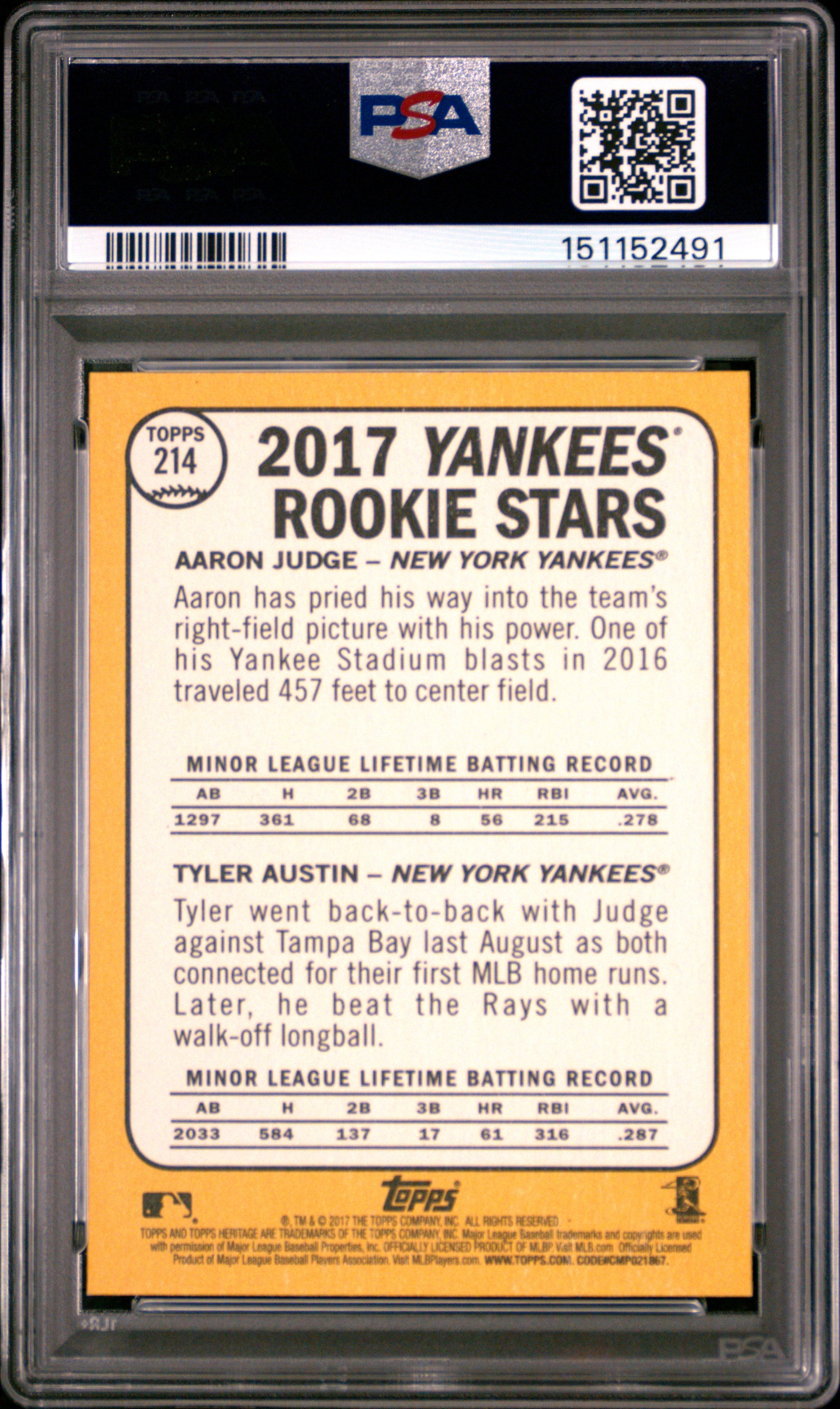 2017 Topps Heritage A. Judge T. Austin PSA 10