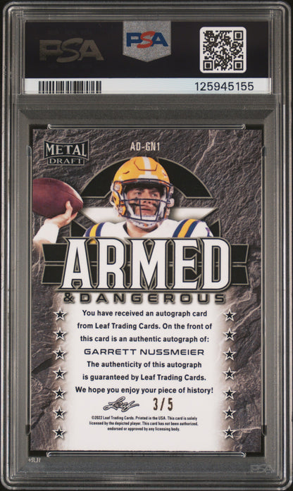 2022 Leaf Metal Draft Armed & Dangerous Autographs Garrett Nussmeier /5 PSA 9