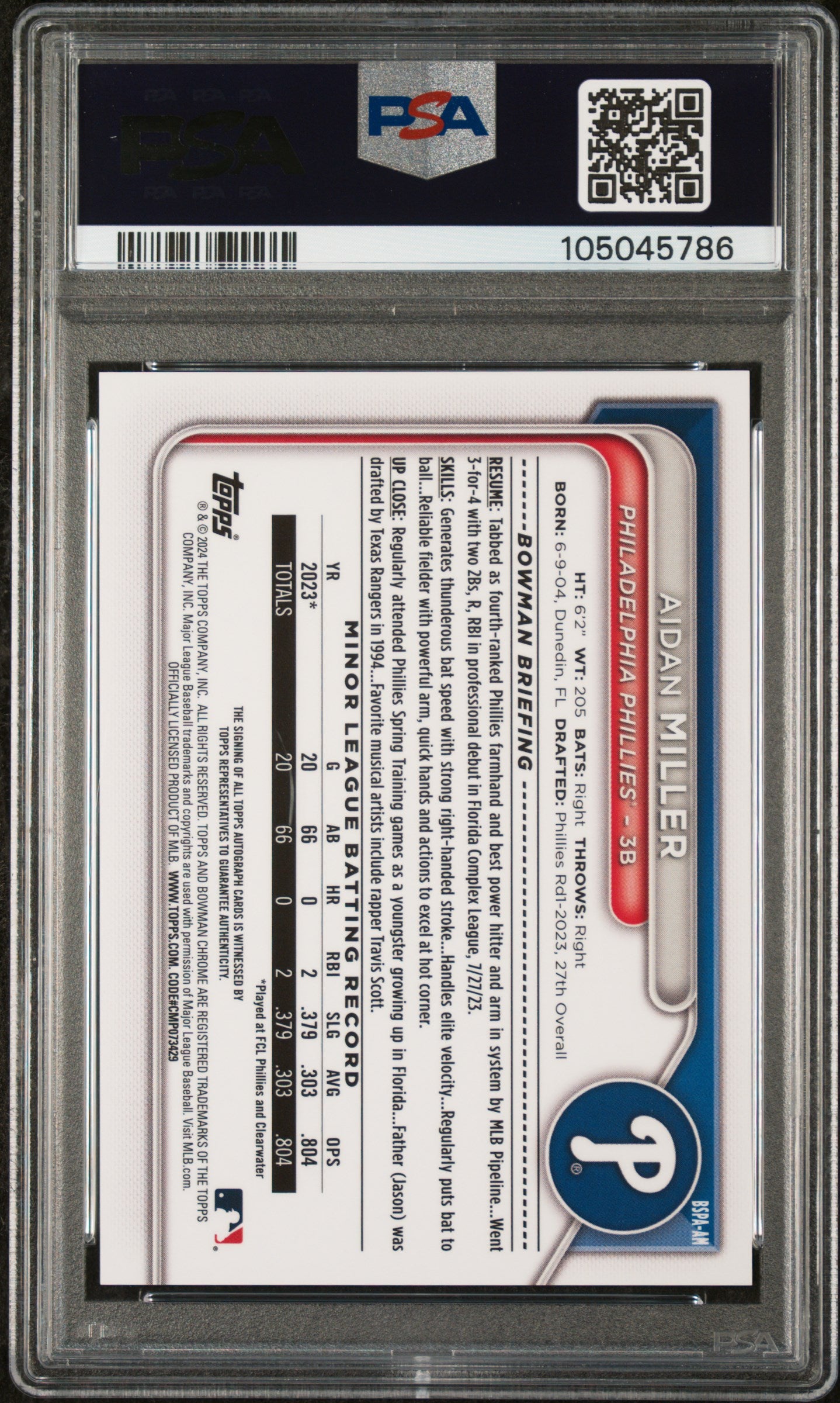 2024 Bowman Sapphire Edition Chrome Aidan Miller Auto Sapphire Gold /50 PSA 10