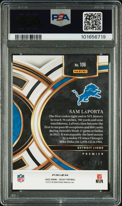 2023 Panini Select Sam Laporta #106 Blue Prizm PSA 10