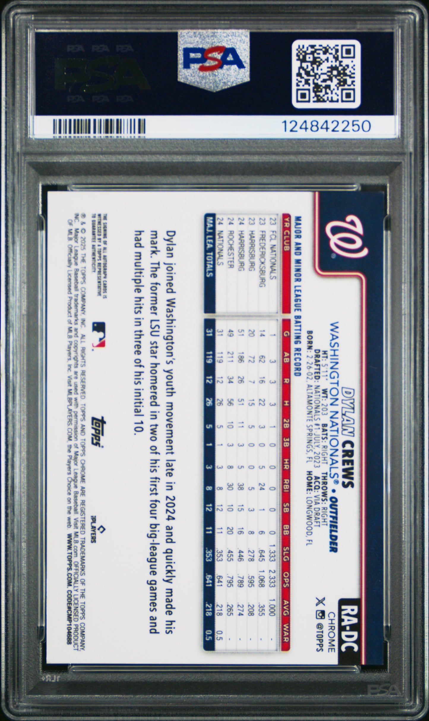 2025 Topps Chrome Rookie Autographs Dylan Crews Blue Ref 042/150 PSA 9