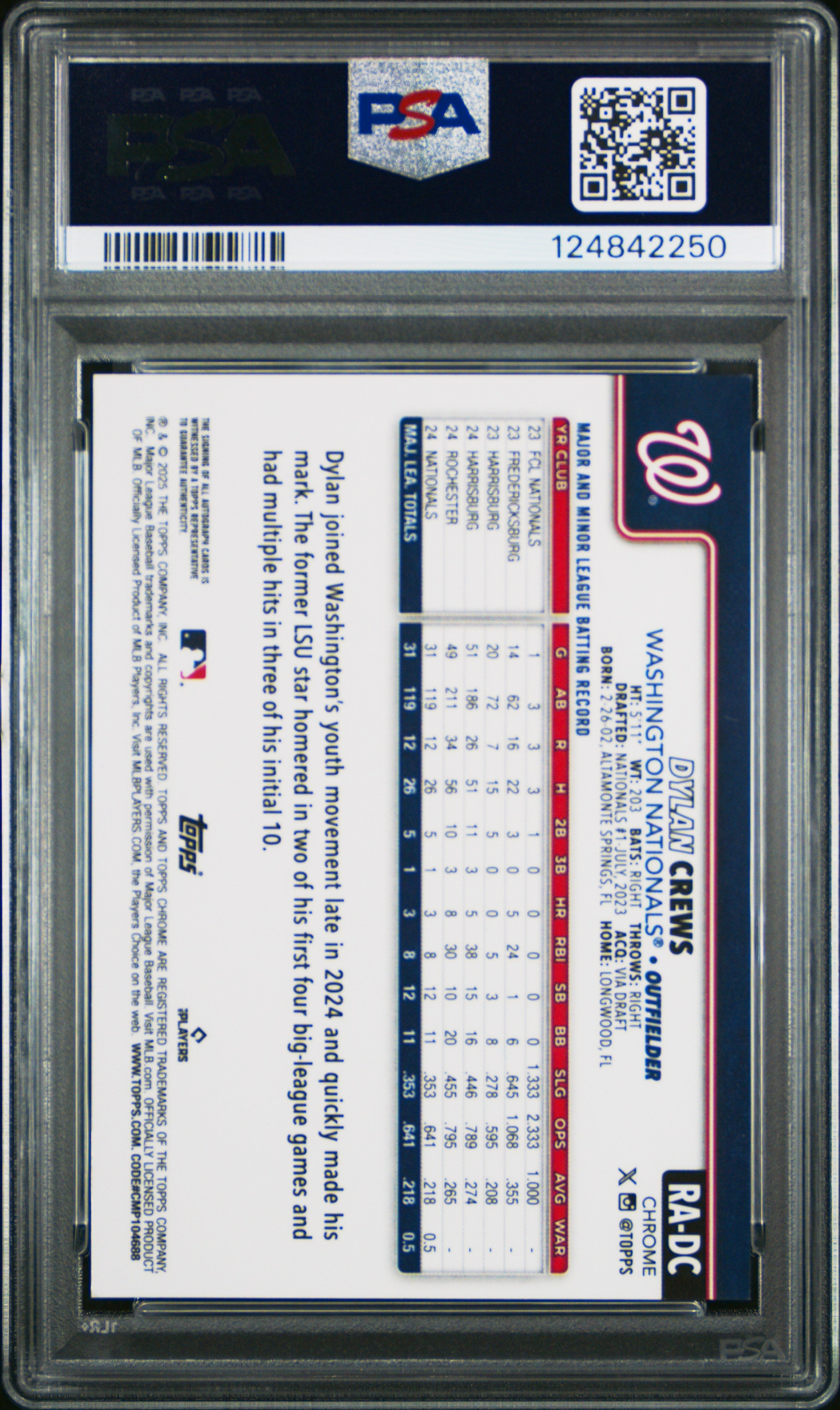 2025 Topps Chrome Rookie Autographs Dylan Crews Blue Ref 042/150 PSA 9
