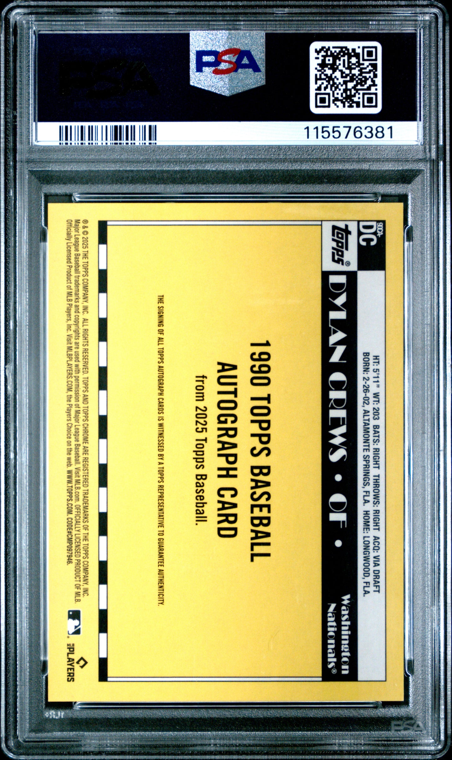 2025 Topps Silver Pack 1990 Chrome Promo Autograph Dylan Crews Gold 36/50 PSA 10