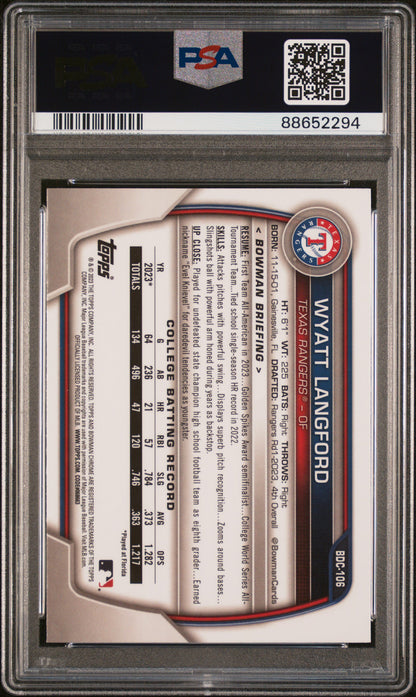 2023 Bowman Draft Wyatt Langford Chrome Lunar Glow Ref PSA 10