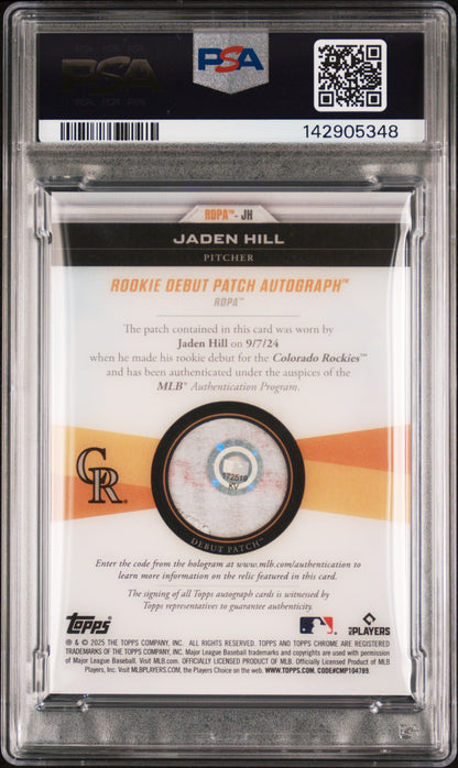 2025 Topps Chrome Update Rookie Debut Patch Autographs 1/1 Jaden Hill RKE 1/1 PSA 8 Auto 9