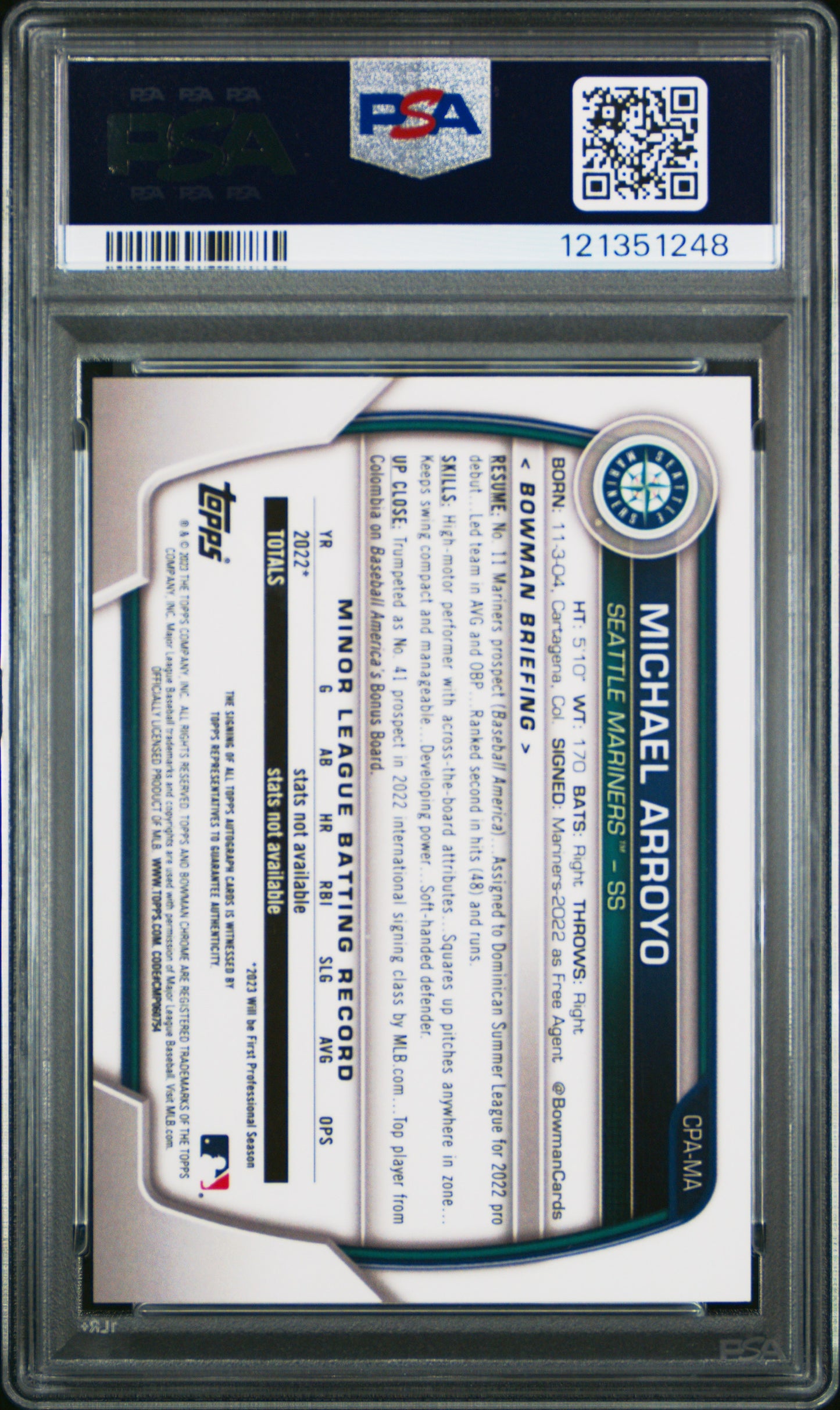 2023 Bowman Chrome Prospect Autographs Michael Arroyo PSA 9