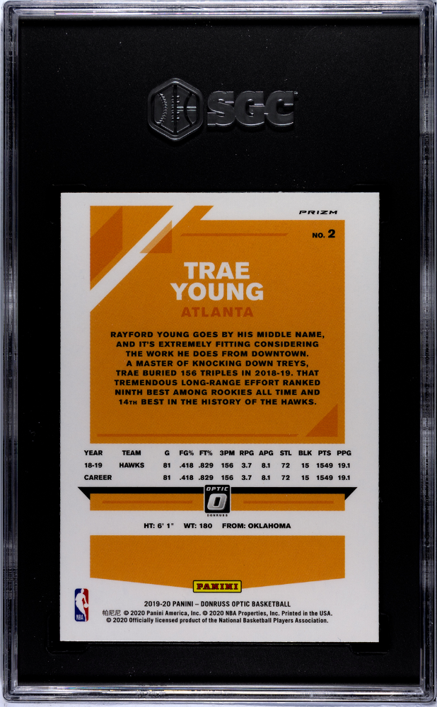 2019 Donruss Optic Trae Young Blue Velocity Prizm SGC 9.5