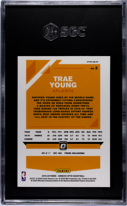 2019 Donruss Optic Trae Young Blue Velocity Prizm SGC 9.5