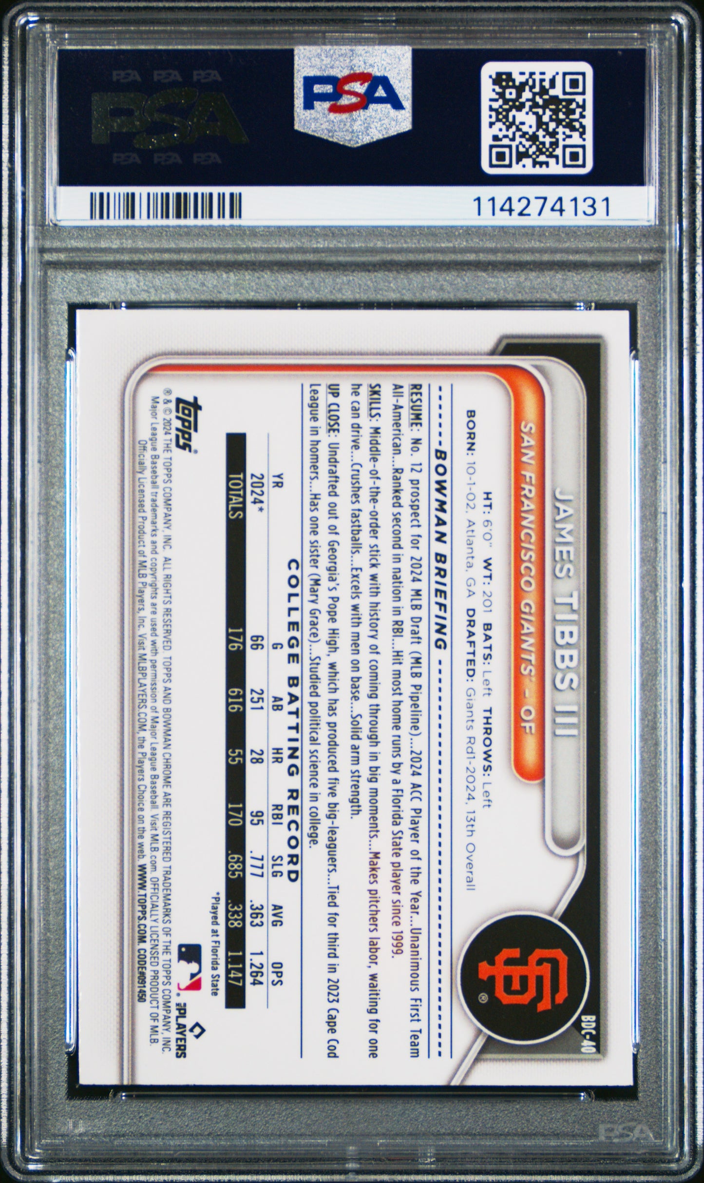 2024 Bowman Draft Sapphire Edition James Tibbs III PSA 10