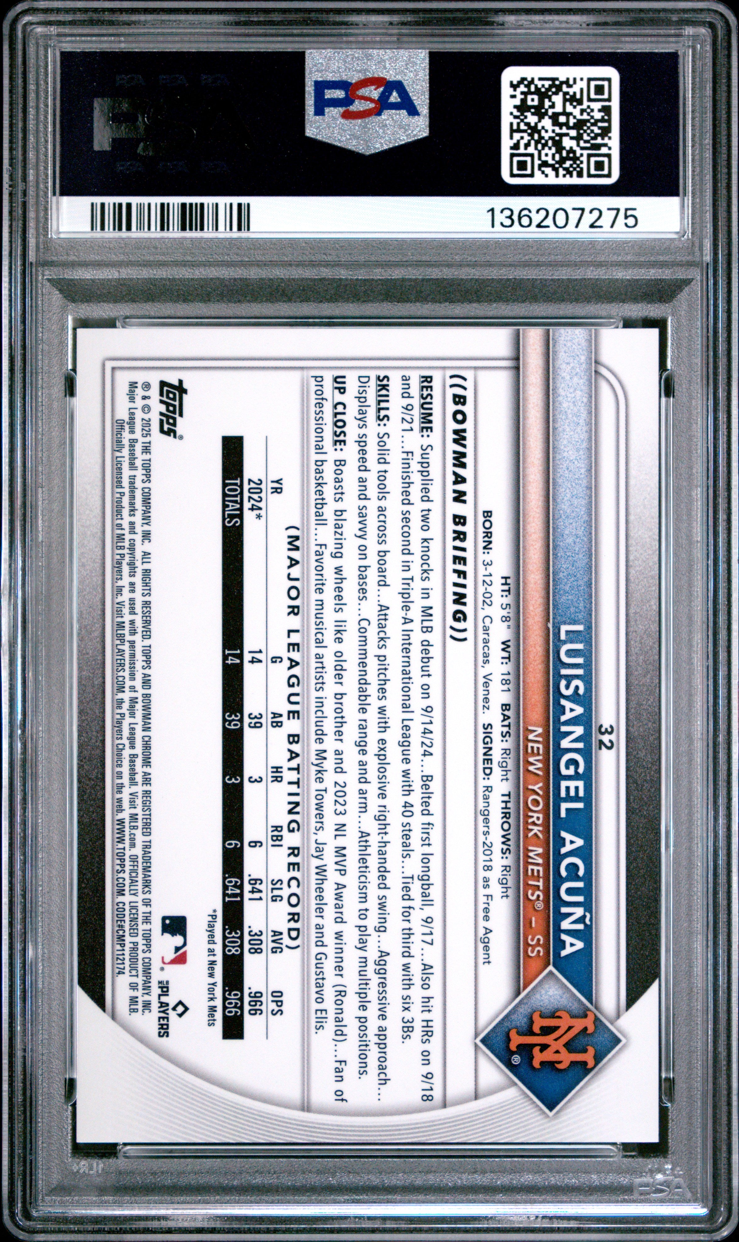 2025 Bowman Chrome Sapphire Edition Luisangel Acuna Image Variation Gold 39/50 PSA 10