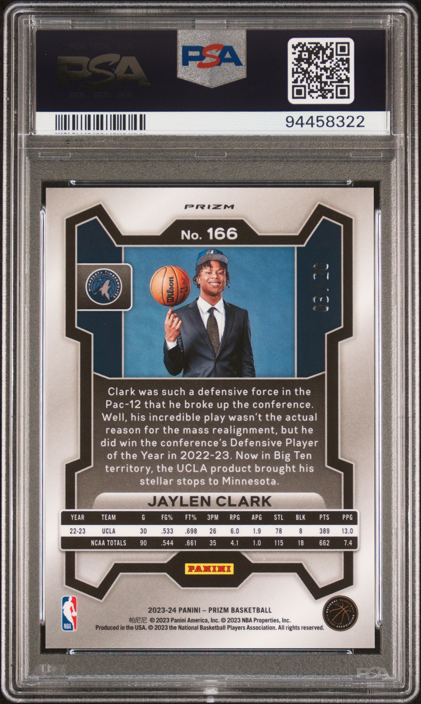 2023 Panini Prizm Jaylen Clark Cherry Blossom Choice /20 PSA 10
