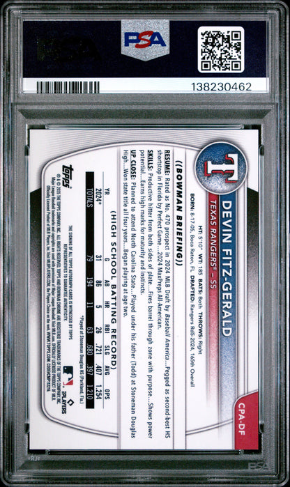 2025 Bowman Chrome Prospect Autographs Devin Fitz-Gerald PSA 9