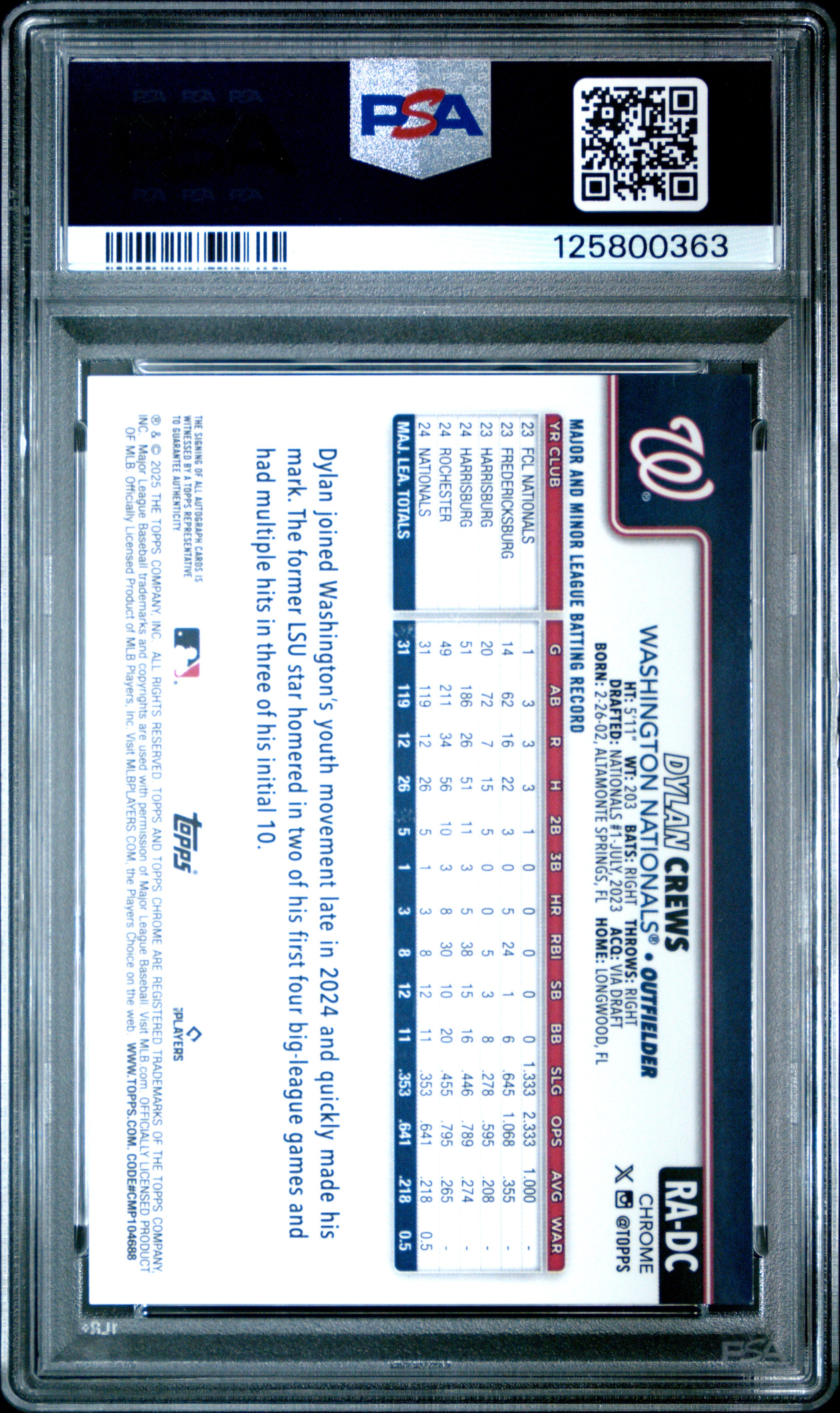 2025 Topps Chrome Rookie Autographs Dylan Crews Purple Speckle 248/299 PSA 9