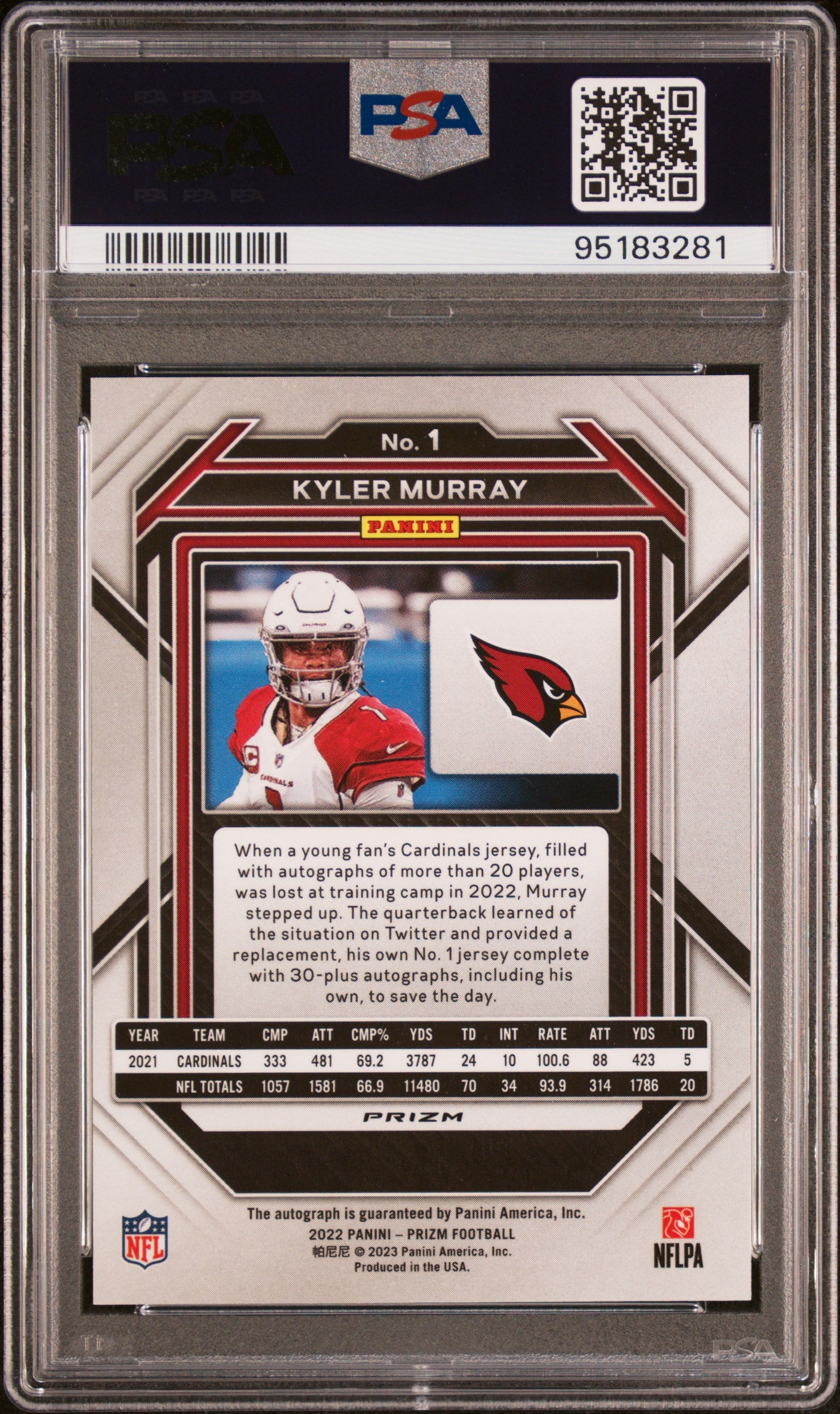 2022 Panini Prizm Kyler Murray Silver Autograph PSA 9