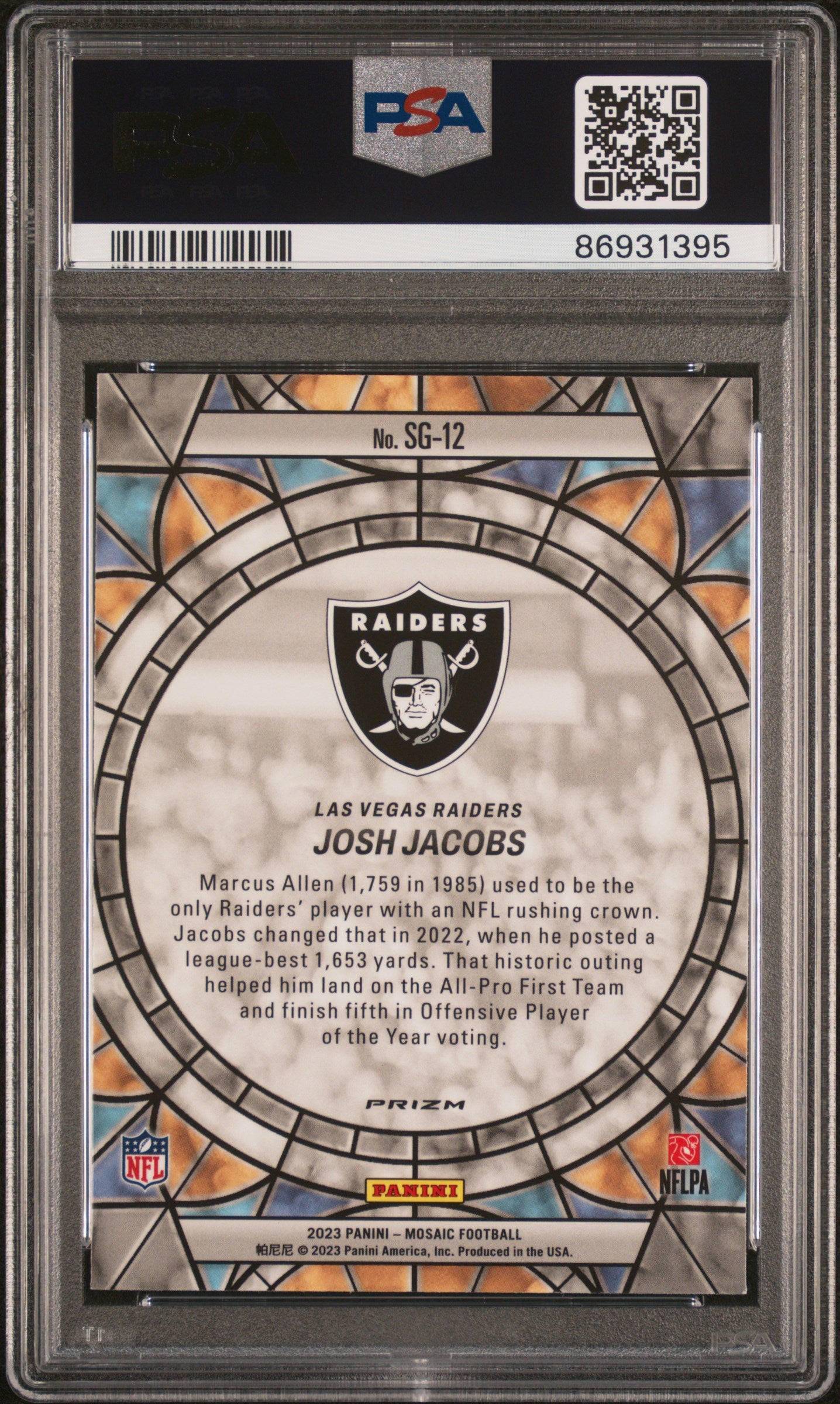 2023 Panini Mosaic Stained Glass Josh Jacobs PSA 10
