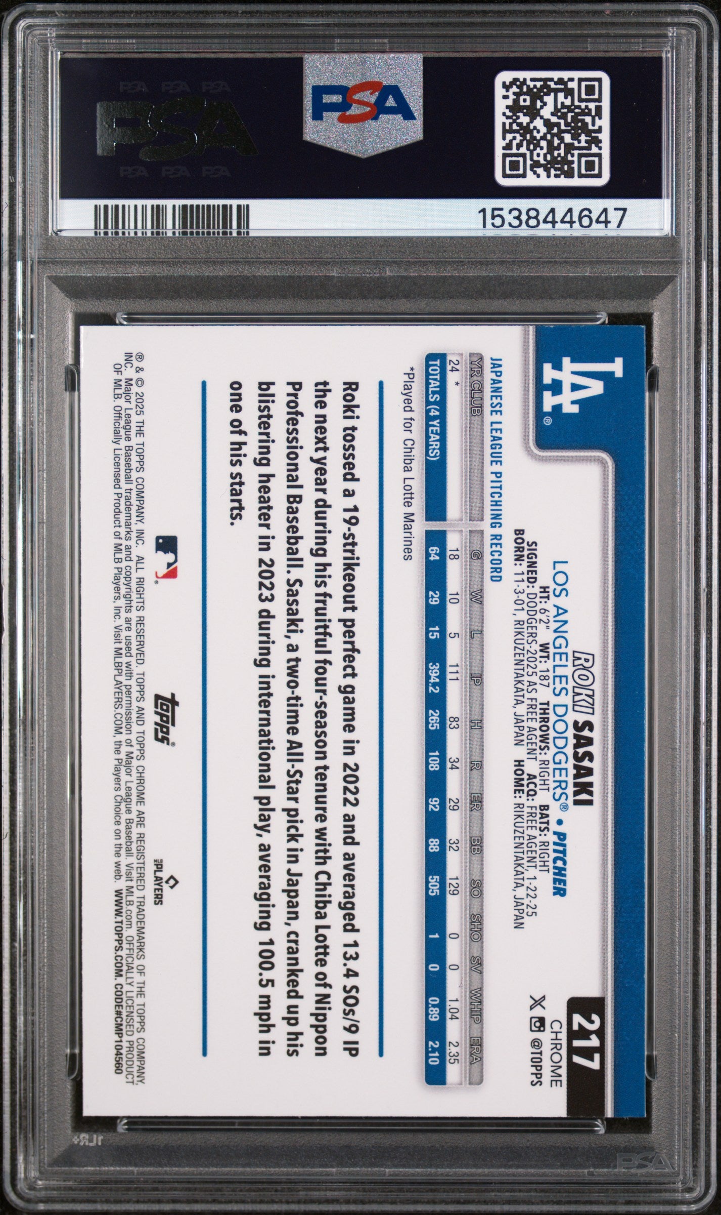 2025 Topps Chrome Roki Sasaki Variation PSA 9