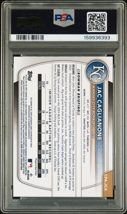 2025 Bowman Chrome Prospect Autographs Jac Caglianone Gold Ref 43/50 PSA 8