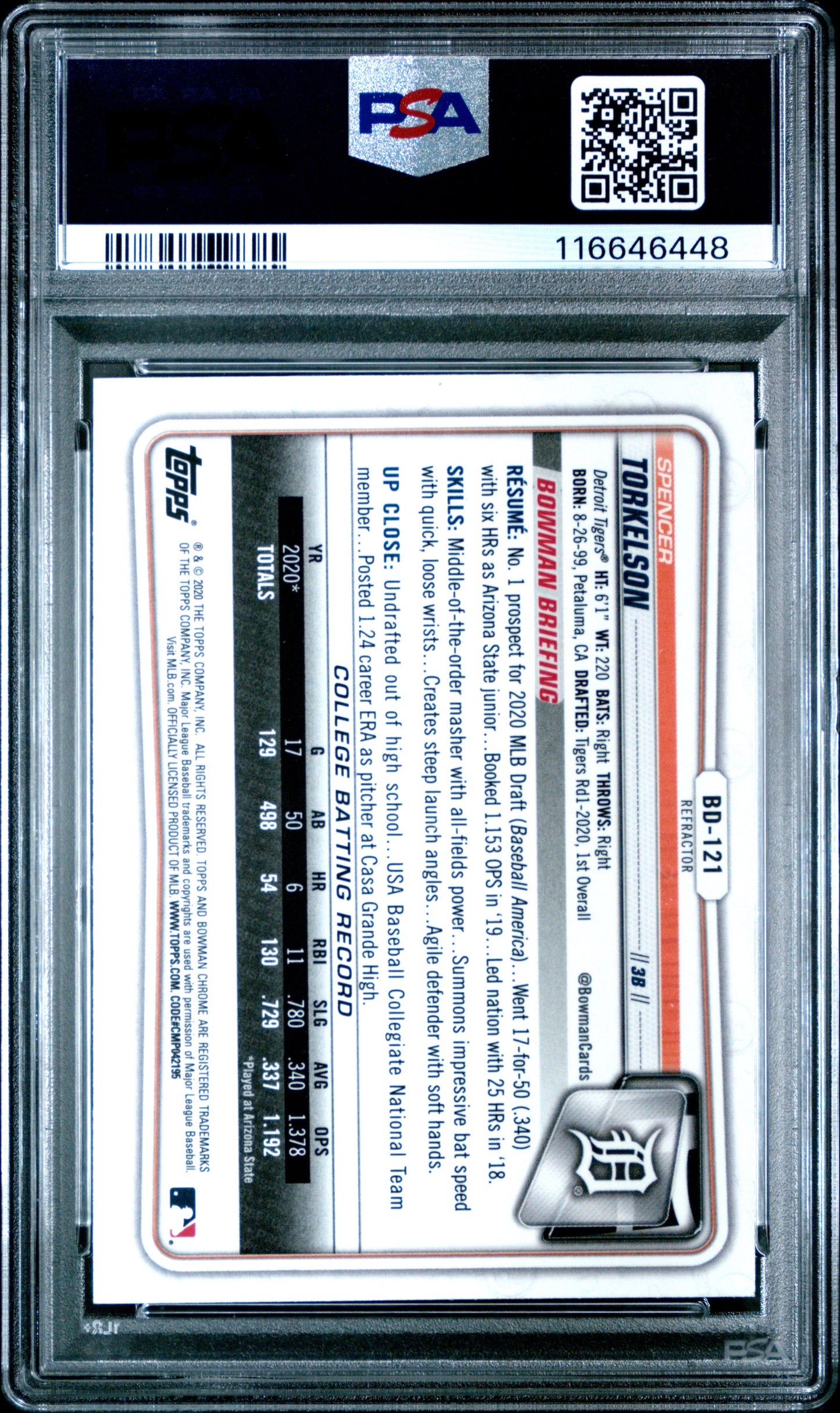 2020 Bowman Draft Spencer Torkelson Chrome Refractor PSA 10
