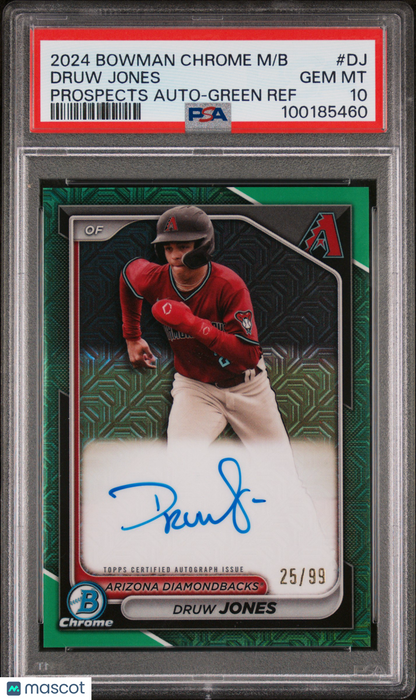 2024 Bowman Prospect Mega Box Autographs Druw Jones Prospects Green /99 PSA 10