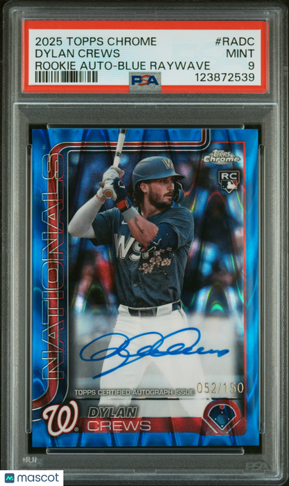 2025 Topps Chrome Rookie Autographs Dylan Crews Blue Raywave 052/150 PSA 9