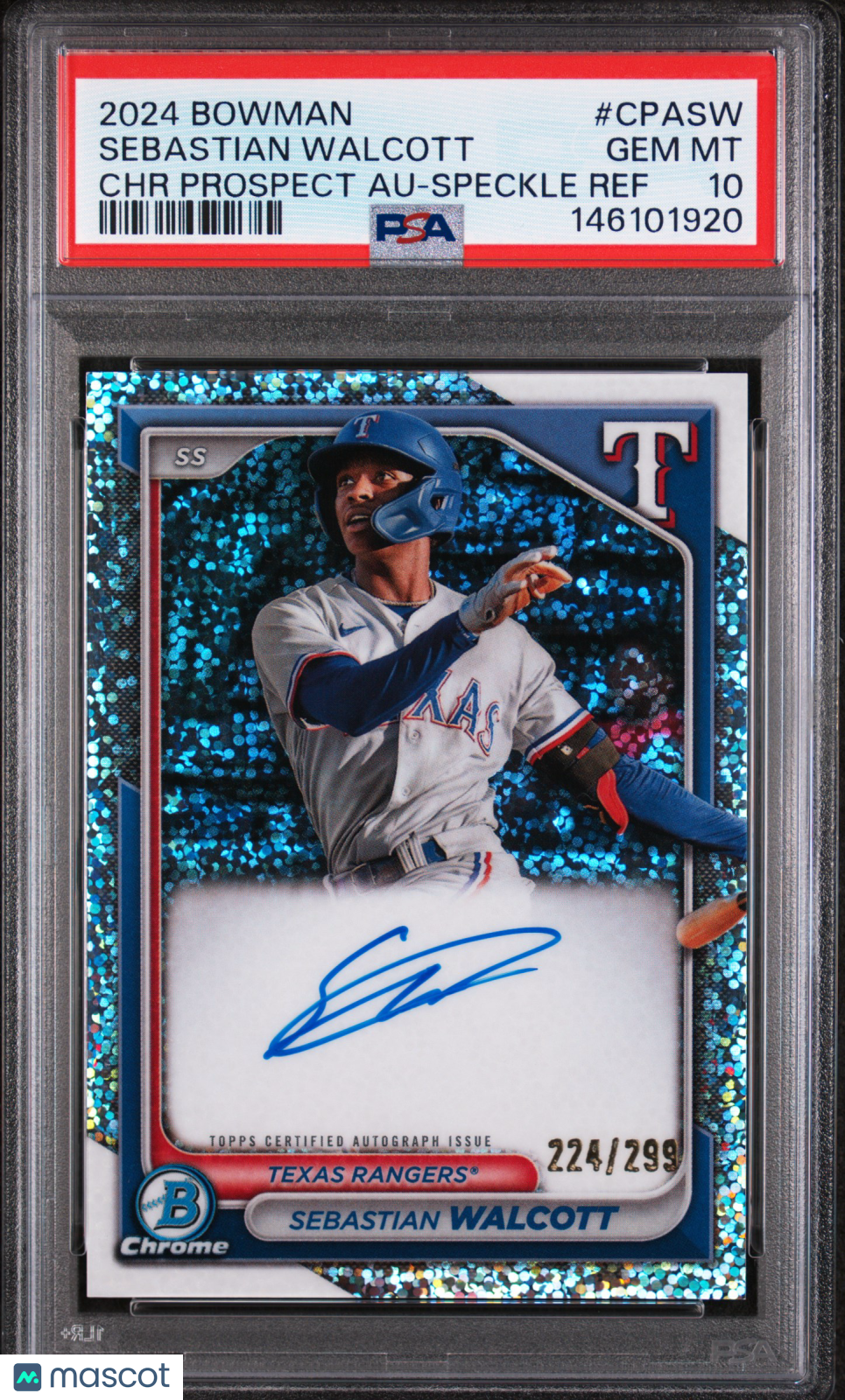 2024 Bowman Chrome Prospect Autographs Sebastian Walcott Speckle Ref/299 PSA 10