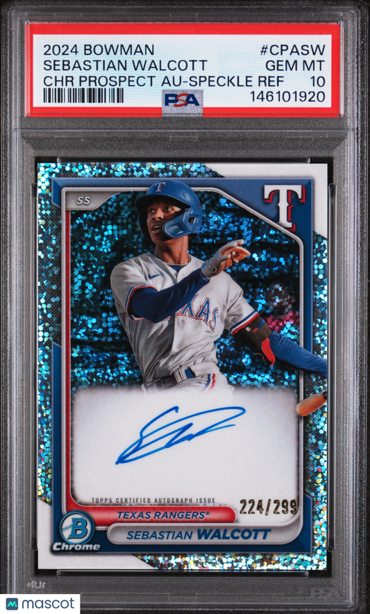 2024 Bowman Chrome Prospect Autographs Sebastian Walcott Speckle Ref/299 PSA 10