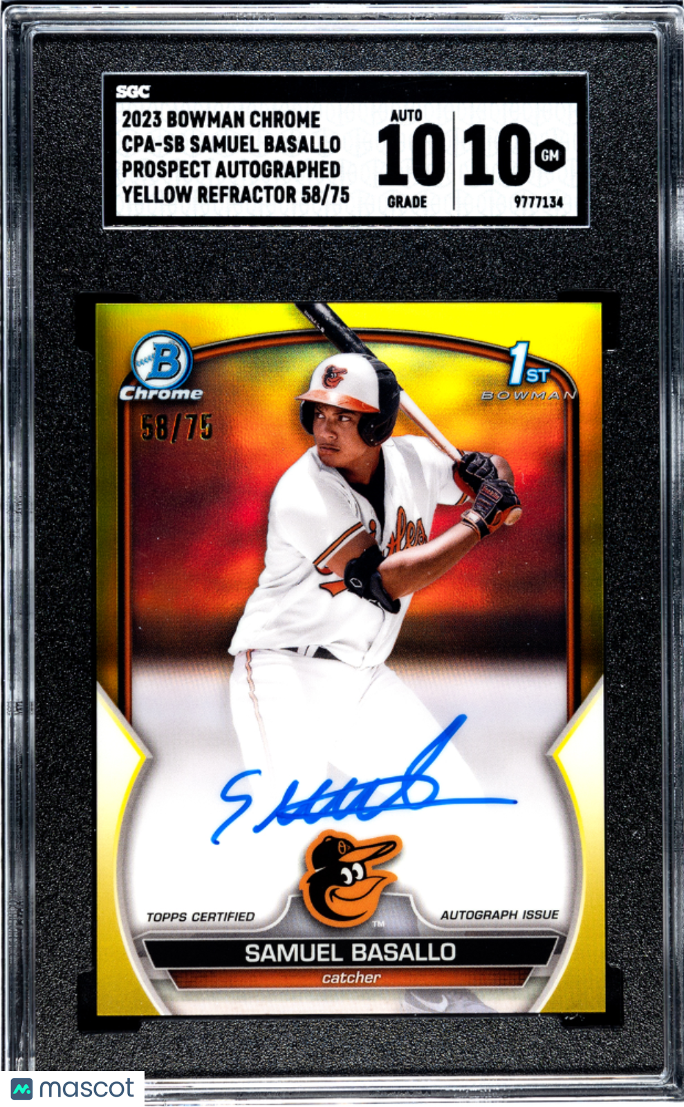 2023 Bowman Chrome Samuel Basallo 1st Bowman Yellow Refractor Auto /75 SGC 10/10