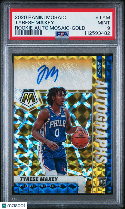 2020 Panini Mosaic Tyrese Maxey rc Autograph Mosaic Gold /10 PSA 9