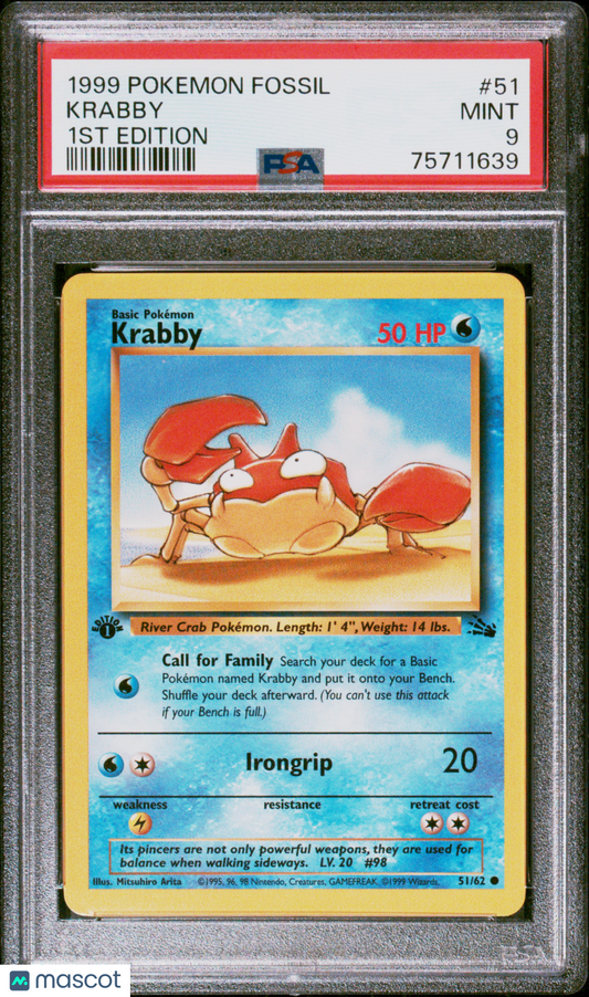1999 Pokemon Fossil Krabby 1ST Edition PSA 9