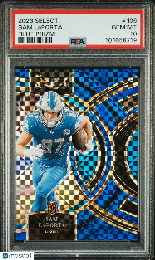 2023 Panini Select Sam Laporta #106 Blue Prizm PSA 10