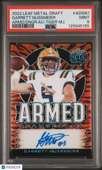 2022 Leaf Metal Draft Armed & Dangerous Autographs Garrett Nussmeier /5 PSA 9
