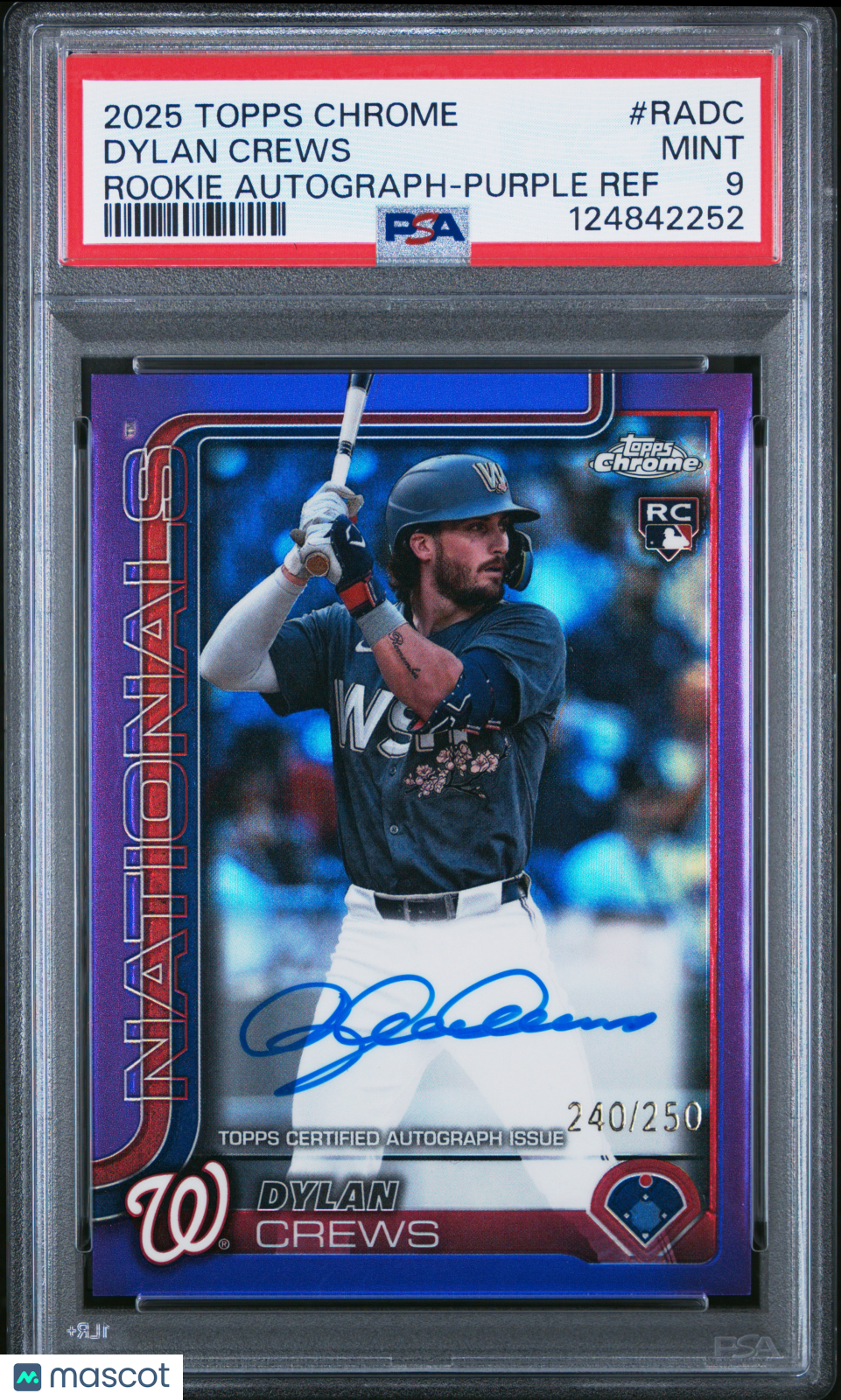 2025 Topps Chrome Rookie Autographs Dylan Crews Purple Ref 240/250 PSA 9