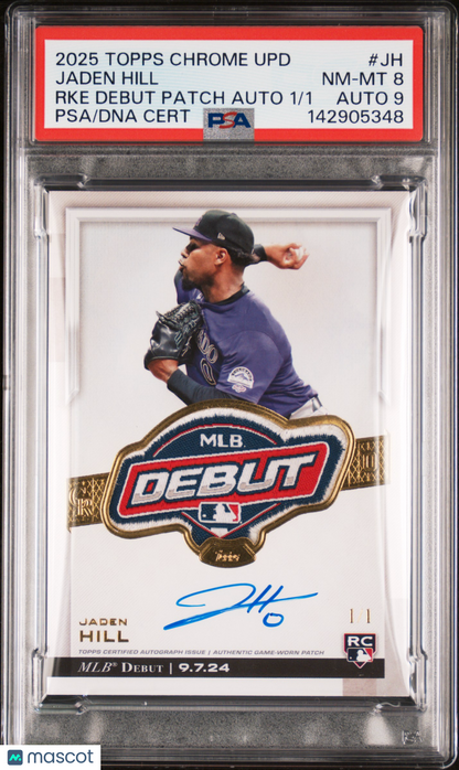 2025 Topps Chrome Update Rookie Debut Patch Autographs 1/1 Jaden Hill RKE 1/1 PSA 8 Auto 9
