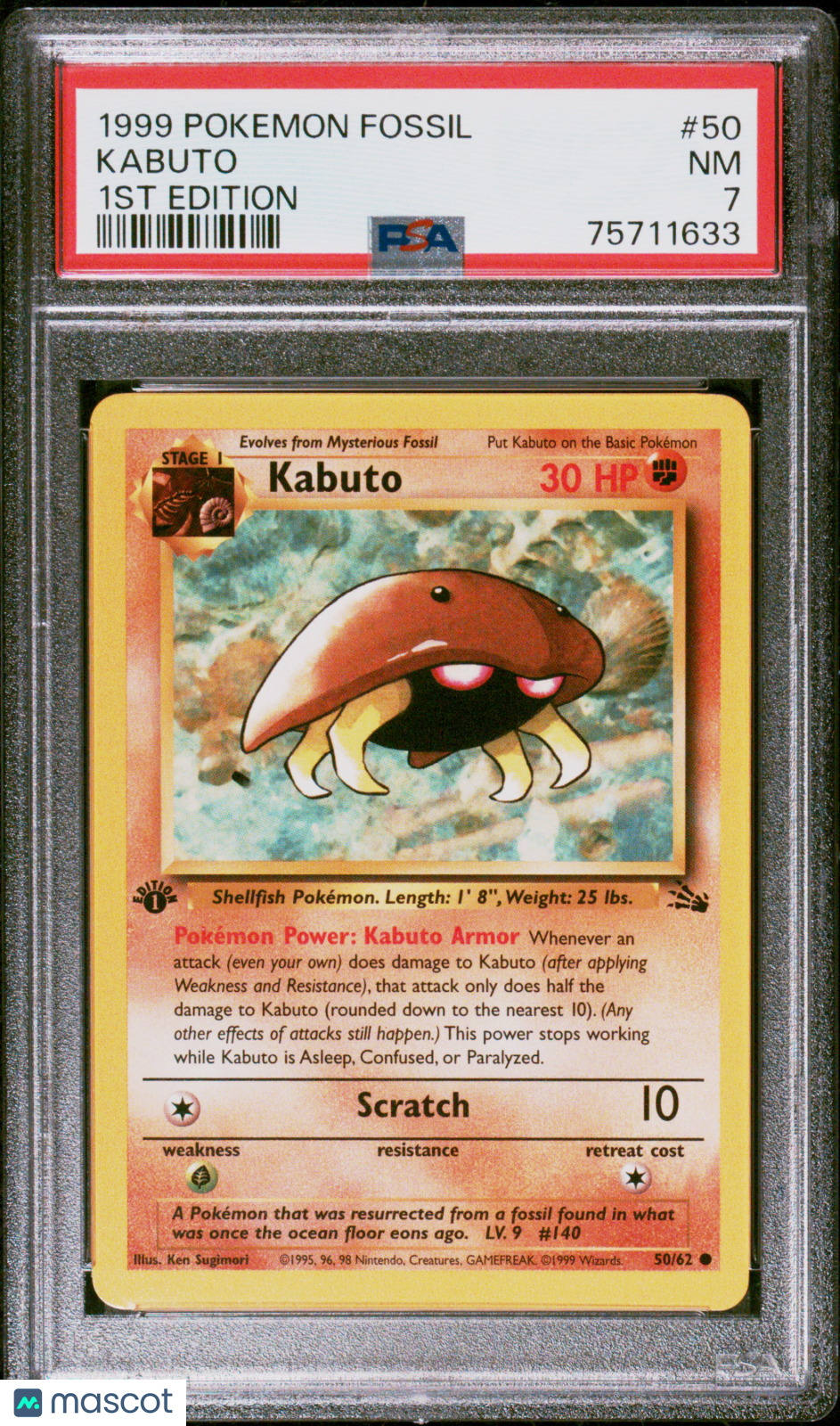 1999 Pokemon Fossil Kabuto 1ST Edition PSA 7