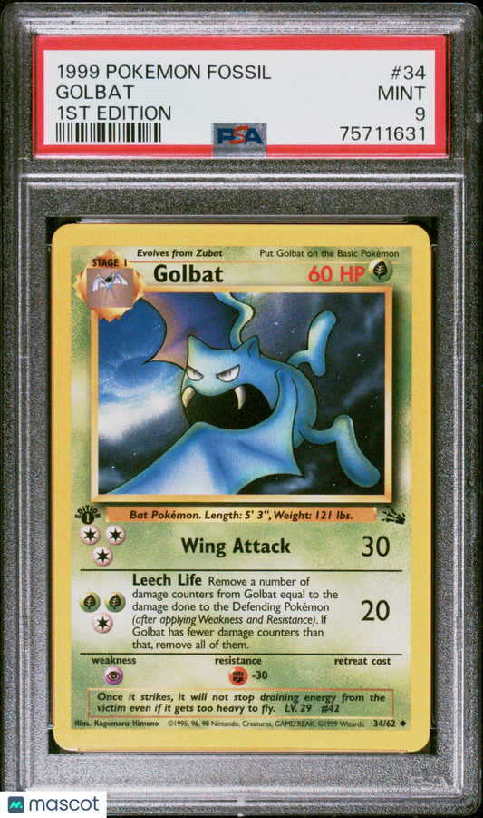 1999 Pokemon Fossil Golbat 1ST Edition PSA 9