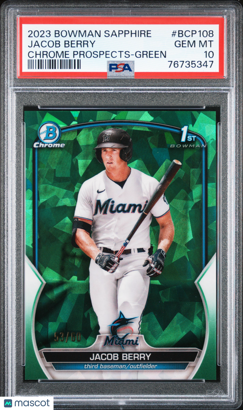 2023 Bowman Sapphire Edition Chrome Prospects Jacob Berry Green 53/60 PSA 10