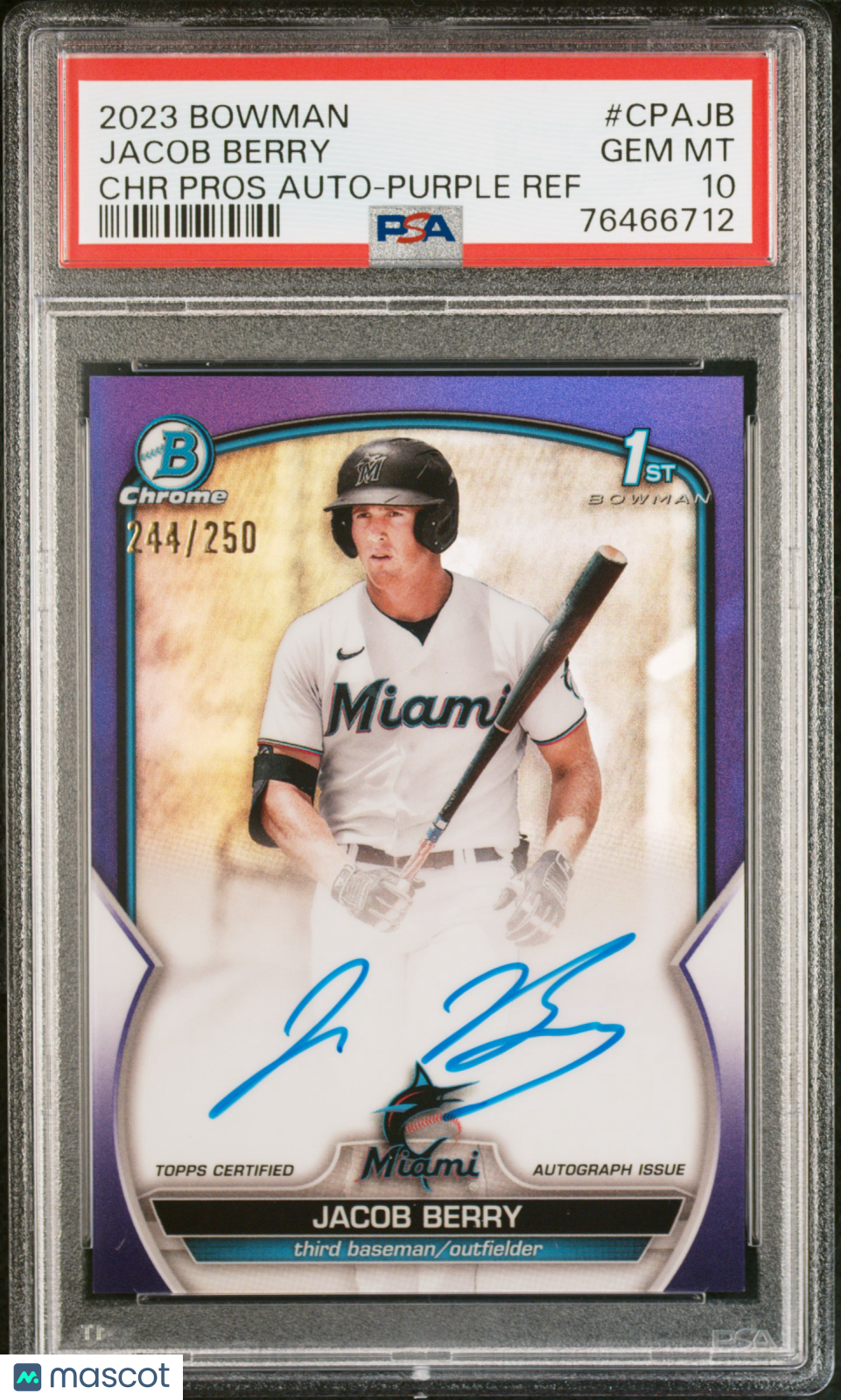 2023 Bowman Chrome Prospect Autographs Jacob Berry Purple Ref 244/250 PSA 10