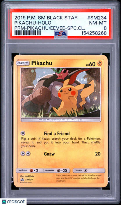 2019 Pokemon SM Black Star Promo Pikachu PRM-Pikachu/Eevee-SPC.CL. PSA 8